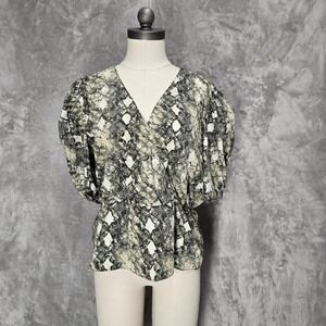Leyden Women Snake Print V Neck Puff Sleeve Peplum Top Sz L Animal Chic Mob Wife